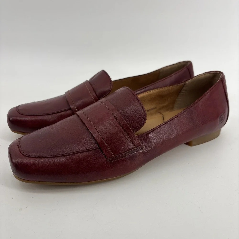 Born Branca Loafer Womens 7.5 Burgundy Leather Square Toe Career Academia Preppy